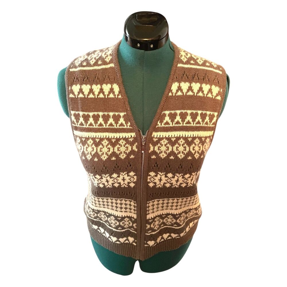 Vintage 90s Marsh Landing gray/ivory Fair Isle zip up sweater vest grannycore L